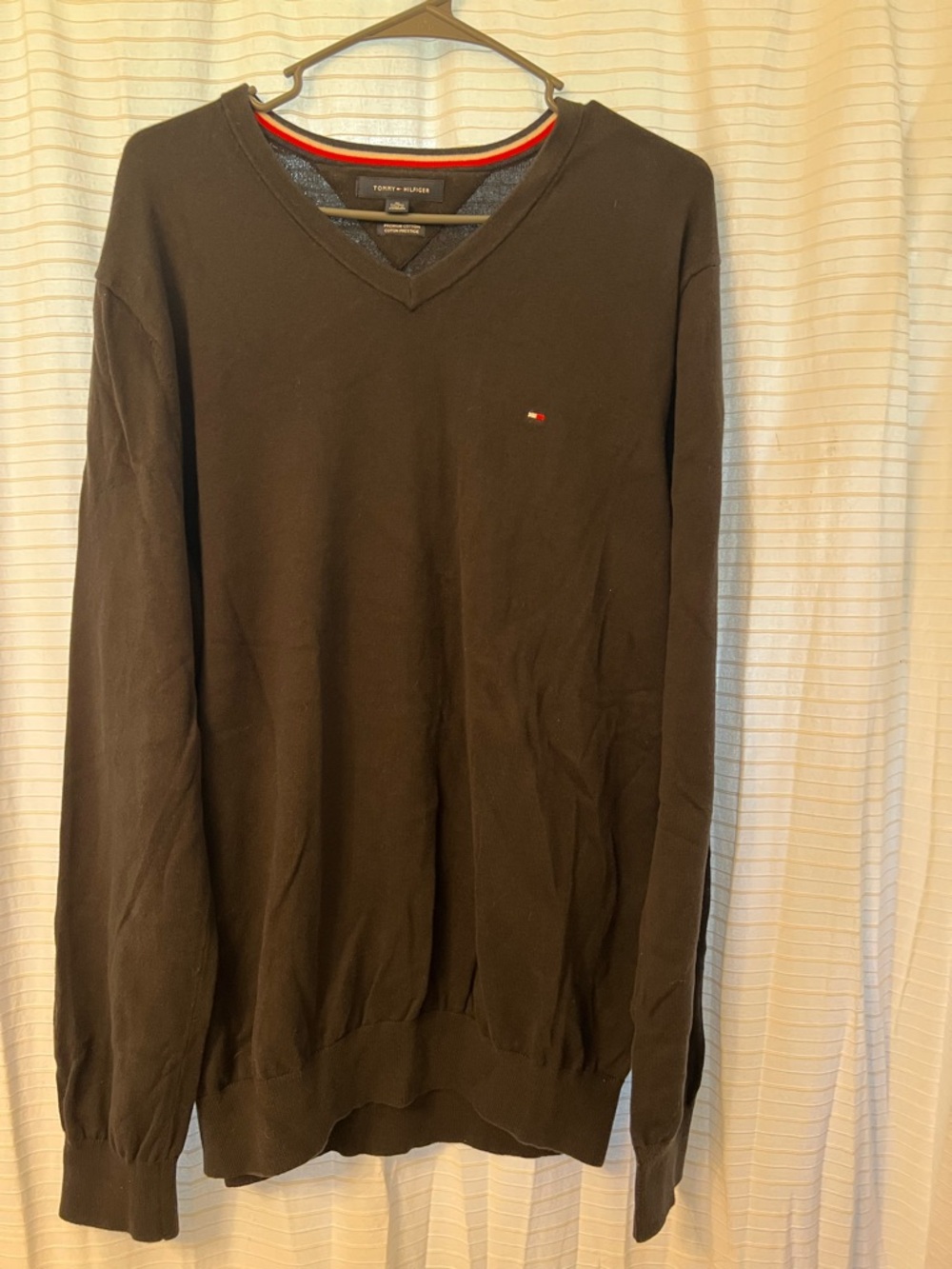 Tommy Hilfiger Black V-Neck Sweater with Red & White Collar Stripe